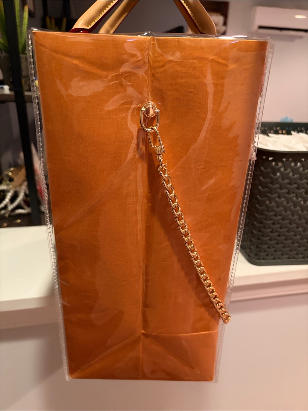 Louis Vuitton Orange Clear Tote with Gold Chain and Pink Scarf Accent - Picture 6 of 13